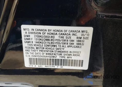2010 Acura Mdx z USA, uszkodzony, nr VIN 2HNYD2H26AH522857